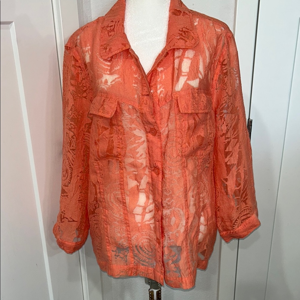 Chico’s Women's Sheer Orange Lace button down Top. Beachy vacation. Summer.